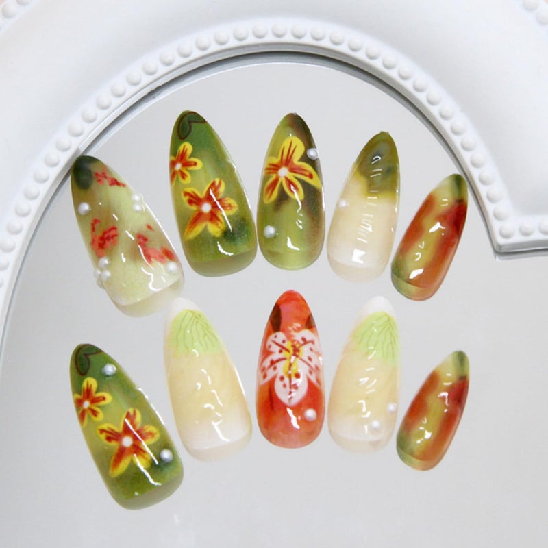 CJDLTS 3D Ripple Flower Press on Nails Almond Shaped with Pearl Design Medium Acrylic False Nail Full Cover Press Ons Floral Stick on Nail Green Smudge French Glue on Nails for Women 24Pcs - Image 2